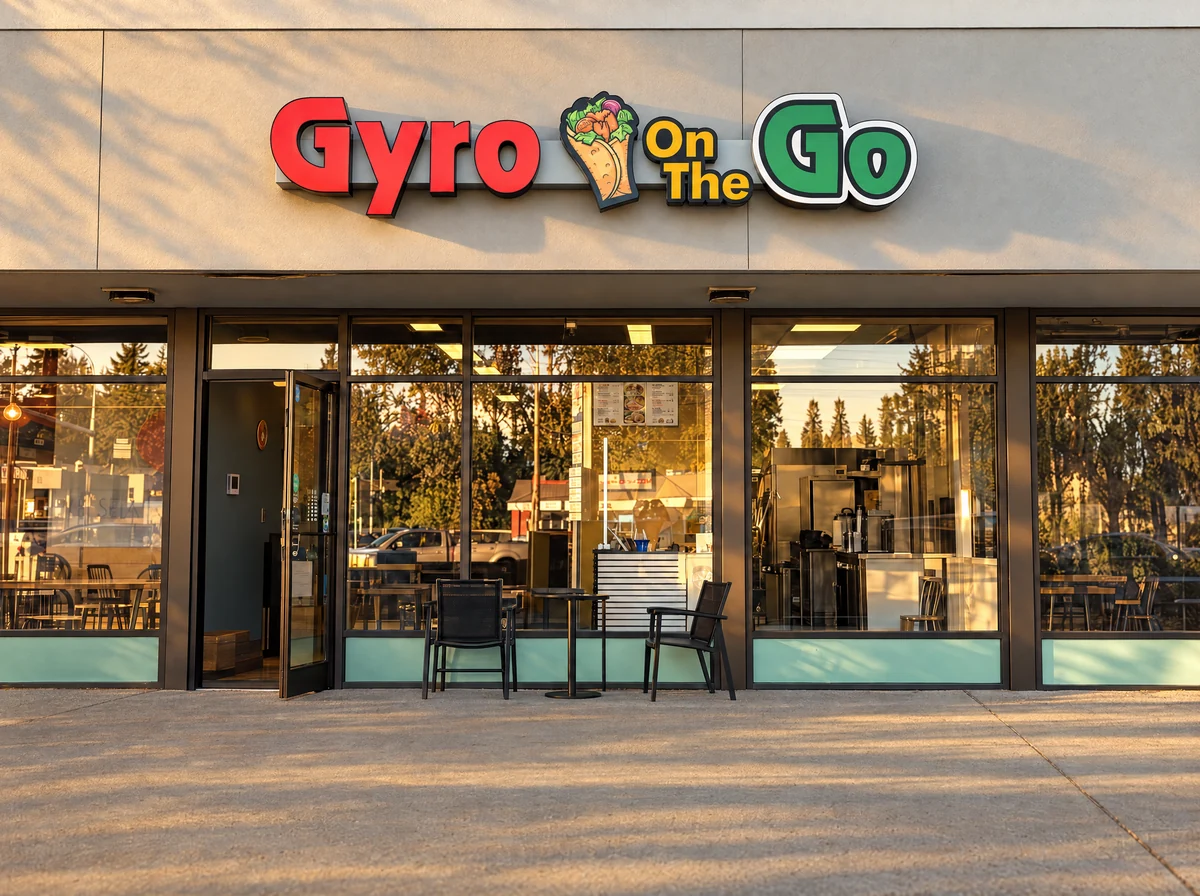 Gyro on the Go storefront in warm evening light, with its colorful sign and welcoming open door.